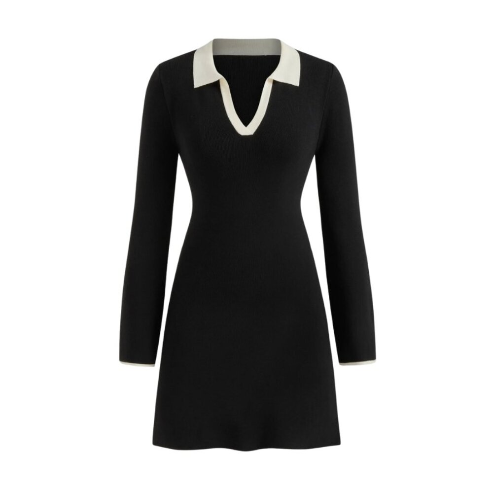 Knit V-Neck Contrast Trim Mini Dress NWT
